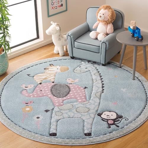 SAFAVIEH Carousel Kids Collection Area Rug - 4' Round, Blue, Animal Design, Easy Care & Non-Shedding, Ideal for High Traffic Areas for Boys & Girls in Playroom, Nursery (CRK120K-4R) by Unknown