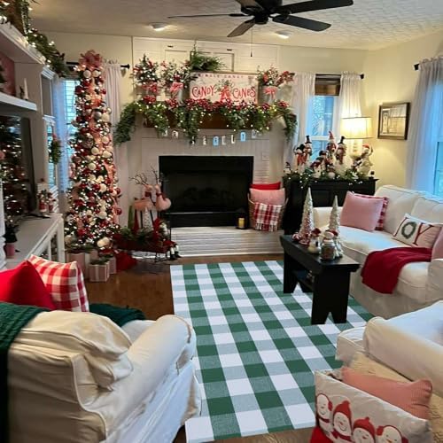 Green & White Christmas Plaid Rug, 4' x 6' Check Indoor/Outdoor Area Rug, Hello/Welcome Door Mat Layering Rug, Machine Washable Cotton Woven Rugs for Farmhouse Front Porch, Entryway - Image 5