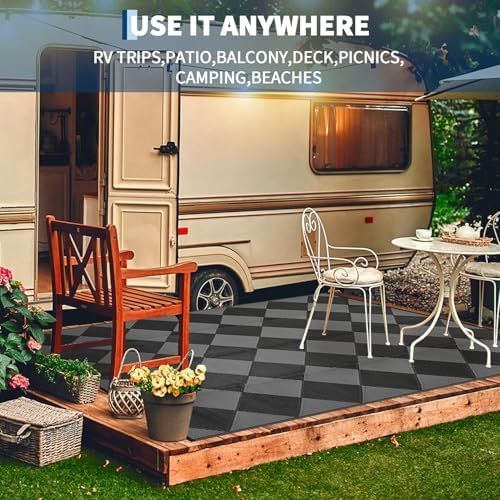 GAOMON 9x18 Plastic Straw Rug Outdoor Rugs for Patio Waterproof Reversible Mat Modern Bordered Camping Rug for Porch RV Backyard Pool Deck Picnic Beach Trailer Trellis-Black/Grey - Image 4