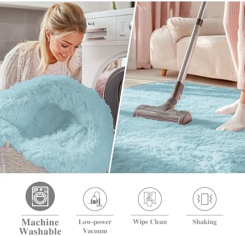 OLANLY Light Blue Round Rugs for Bedroom - Machine Washable, 2 ft Circle Area Rugs for Living Room, Soft and Fluffy Shaggy Carpet for Teen Girl and Boys, Nursery Rooms, Dorms, Home Decor Aesthetic - Image 2