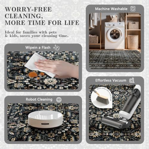 6x9 Area Rugs - Washable Vintage Retro Living Room Rug, Soft Ultra Thin Non Slip Low Pile Traditional Distressed Boho Carpet for Bedroom Dining Room Nursery Home Office, Black & Gold - Image 6