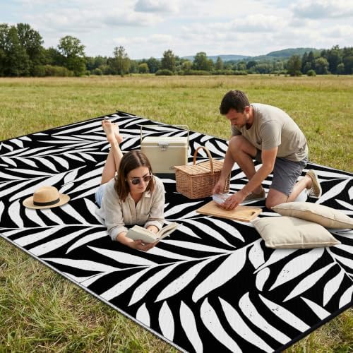 Smiry Outdoor Rug 8x10 ft Waterproof Reversible Leaf Mat, Black & White - Image 4