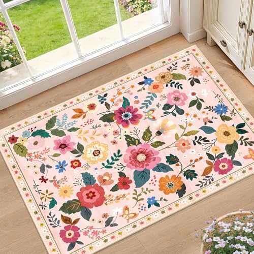 RELEANY Floral Washable 2x3 Area Rugs Doormat Pink by RELEANY