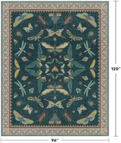 Insect Print Washable 8x10 Living Room Rug - Bugs, Butterfly, Bees, Moths Patterned Area Rugs for Bedroom, Dining Room Under Table, Kids Room, Home Office, Washable Non Slip Fade Resistant Low Pile - Image 2