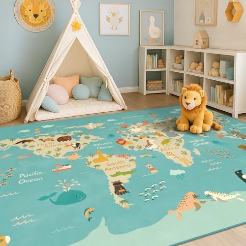 Hazo Haus Washable Kids Playroom Rug – 5x7 Play Rug for Preschool Toddlers, Girls, Educational with Cute Animals – Non-Slip, Stain Resistant, Soft & Safe for Bedroom, Play Room and Classroom - Blue by HazoHaus