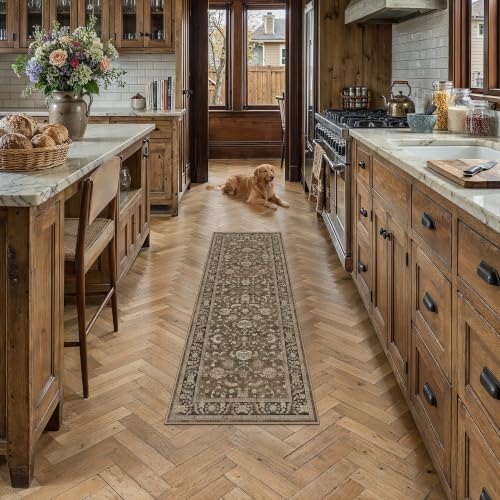 PureCozy Brown Runner Rug 2x8 Vintage Floral Distressed by PureCozy
