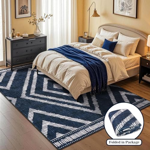 Boho Washable Rugs 5x7ft for Living Room, Navy Blue Thin Bedroom Area Rugs Non Slip, Moroccan Soft Kids Nusery Area Floor Carpets for Dining Room Playroom Kitchen Home Office Decor - Image 5
