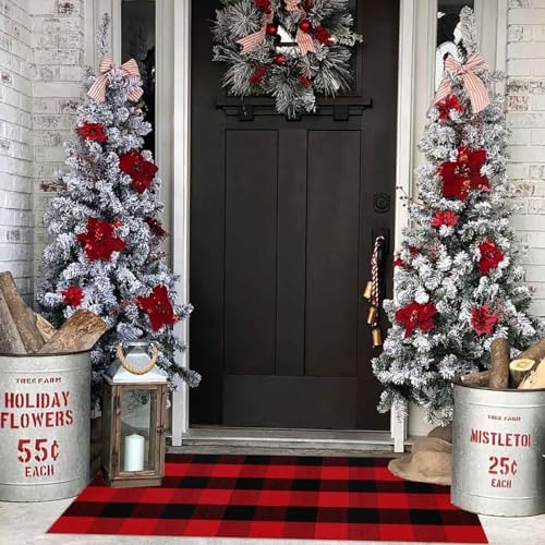 Christmas Plaid Outdoor Rug, 2' x 4'3'' Red & Black Check Indoor/Outdoor Area Rug, Layering Rug for Hello/Welcome Door Mat, Machine Washable Cotton Woven Rug for Farmhouse Front Porch, Entryway by BOTTA