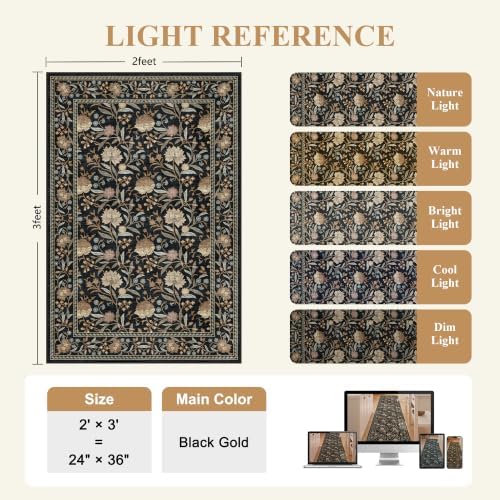 DUKINO 2x3 Rug, Washable Vintage Floral Bathroom Rugs Non Slip, Black - Image 2