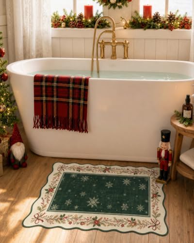 Lahome Christmas Entry Rug 2x3, Green Snowflake Bathroom Rug - Image 4