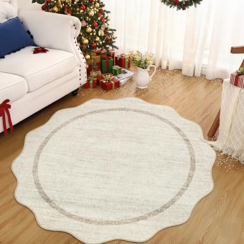 GarveeHome Scalloped Round Rugs 6 ft Washable Area Rug for Playroom, Beige - Image 3