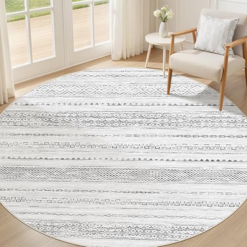 Nakagishi Round Rug Boho Area Rugs: 5x5 Washable Large Circle Neutral Soft Stain Resistant Non-Slip Carpet for Women Aged 25-45 Farmhouse Decor Enthusiasts - Living Room Bedroom Dining Room Nursery by NakagishiAreaRug