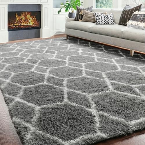 7x9 Area Rugs for Living Room Bedroom, Fluffy Grey and White Geometric Rug - Image 5