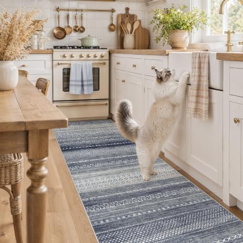 Nakagishi Area Rug Living Room Rugs: 3X8 Machine Washable Boho Large Neutral Farmhouse Stain Resistant Moroccan Indoor Floor Carpet for Bedroom Nursery Dorm Dining Room Home-Denim Blue - Image 4