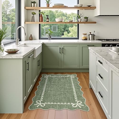 GarveeHome Scalloped Entryway Rug 2x3 Washable Front Door Bow Rug, Green - Image 4