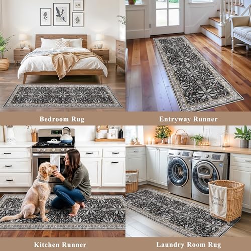 Kitchen Rug Sets 4-Piece with Runner – Washable Non-Slip Floor Mats for Sink, Entryway, Hallway, Bathroom – Soft Low-Pile Thin Boho Floral Rugs, New Home Decor (Black, 2x3+2x4+2x5+2x6) - Image 3