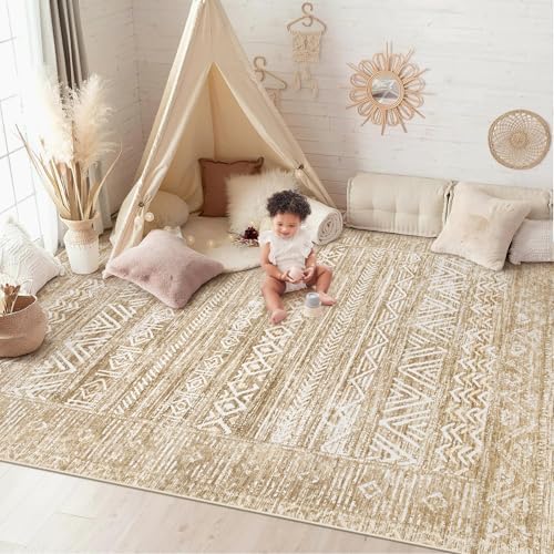 6x9 Area Rugs for Living Room: Washable Moroccan Geometric Boho Rug Farmhouse Non Slip Stain Resistant Large Rug Low Pile Soft Carpet for Bedroom Dining Room Home Office Kids Room (Light Brown,6'x9') - Image 2