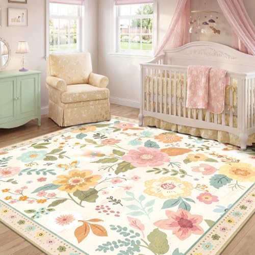 RELEANY Floral Washable Square 8ft Area Rug Beige/White/Orange - Image 2