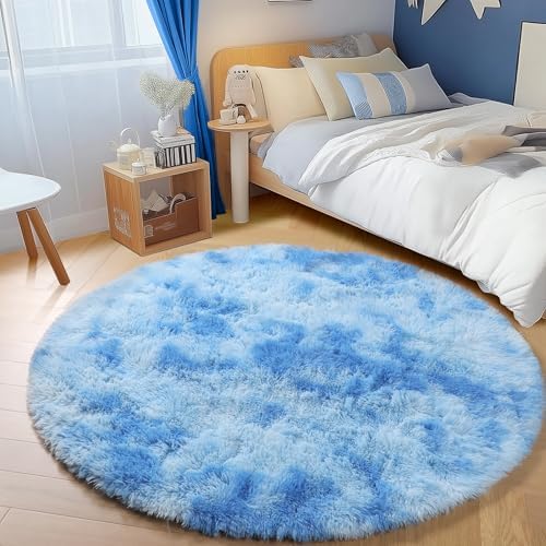 PAGISOFE Round Area Rugs for Boys Bedroom 5Ft Light Blue, Fluffy Circle Rug for Kids Room, Non-Slip, Super Soft Fluffy Carpet for Boys Nursery Kids Playroom, Baby Room Decor Dining Room Non-Shedding - Image 2
