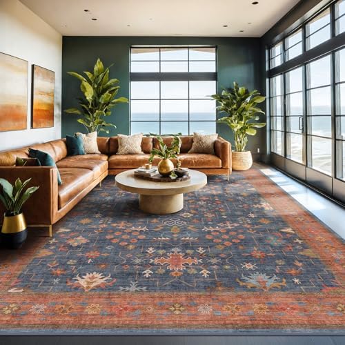 Washable Navy Blue Living Room Rug, 8x10 Area Rug For Bedroom, Dining Room Rugs for Under Table - Low Pile Non-Slip Rubber Backing Stain Resistant Rug - Aethestic Boho Home Decor (8x10 Navy Blue) by HazoHaus