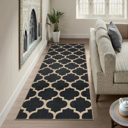 Lahome Moroccan Easy Jute Runner Rug 2x6, Black Outdoor Washable Runner Rugs for Porch Kitchen, Geometric Trellis Woven Long Carpet for Laundry, Thin Non Slip Farmhouse Porch Decor by Lahome