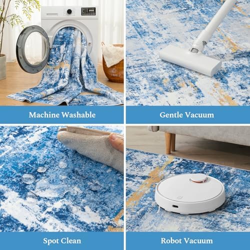 Rugflix 5x7 Area Rugs for Living Room, Washable Sky Blue Gold Large Rug - Image 4