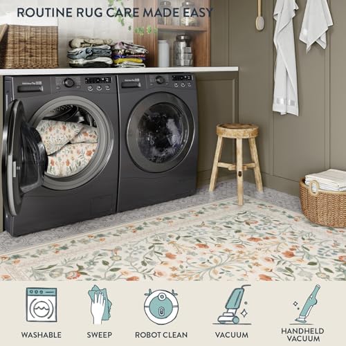 Lahome Beige Floral Washable Area Rug 9x12, Extra Large Botanical Carpet - Image 5