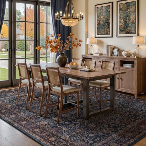 Washable Area Rug 10'x14' Living Room, Vintage Old Money, Dark Blue - Image 3