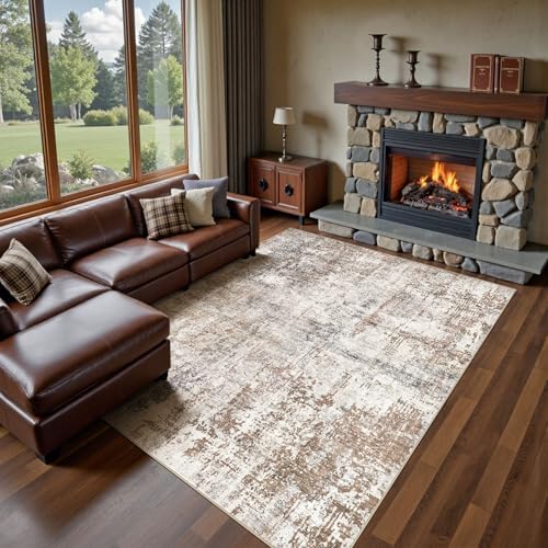 UERMEI Area Rug Living Room Rugs - Washable Neutral Modern Abstract Soft Thin Rug Indoor Floor No Slip Rug Carpet for Bedroom Under Dining Table Home Office Decor - Brown/Grey/Red - 10x14 by UERMEI
