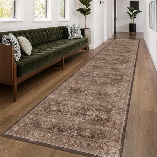 Hazo Haus Neutral Boho Washable 3x16 Extra Long Hallway Runner Rug, Brown Waterproof Large Kitchen Floor Rug Indoor, Non-Slip Stain & Fade Resistant, Vintage Dark Earthy Taupe Décor (3x16 Brown) by HazoHaus