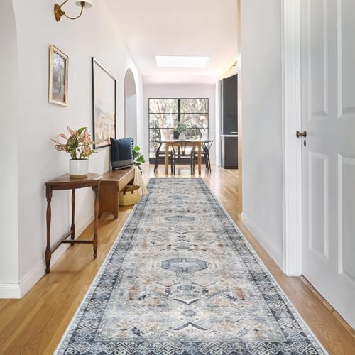 RUUGME Washable Runner Rug 2.6'x12' - Vintage Kitchen Area Rug Stain Resistant Rugs for Living Room Bedroom Laundry Room Mat Distressed Rug Hallway Floor Carpet Runner for Bathroom(Grey/Blue) by RUUGME