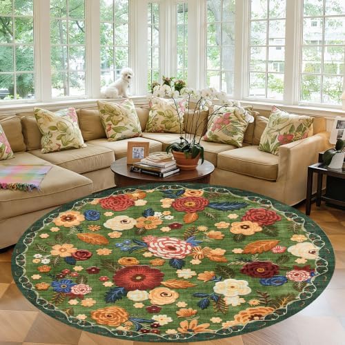 Washable 5ft Round Area Rug, Green Boho Floral Non-Slip for Living Room by GERUIMO