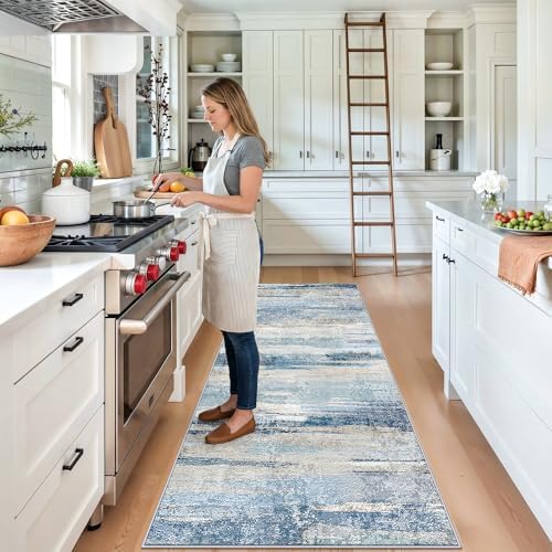 Abstract Kitchen Runner Rug 3x7 - Indoor Washable Non Slip Carpet for Entryway Hallway Stain Resistant Rugs for Bedroom Modern Abstract Lightweight Home Decor Floor Mat for Pet Owners 3x7 Blue - Image 2