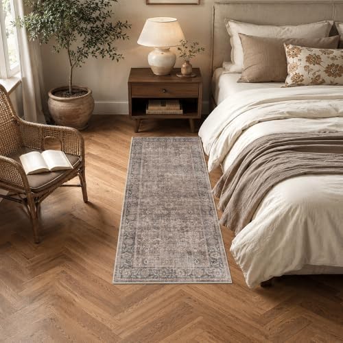 Washable 2x5 Kitchen Non-Slip Runner Rug Boho Taupe Navy Throw Carpet - Image 4