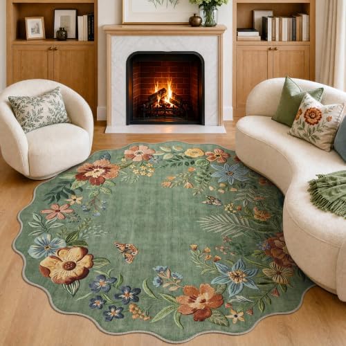 FMFUNCTEX 5ft Round Washable Sage Green Scalloped Area Rug for Living Room by Fmfunctex