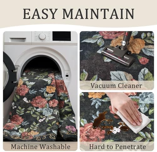Washable 5x7 Area Rug, Navy Boho Floral Non-Slip for Living Room, Bedroom - Image 4
