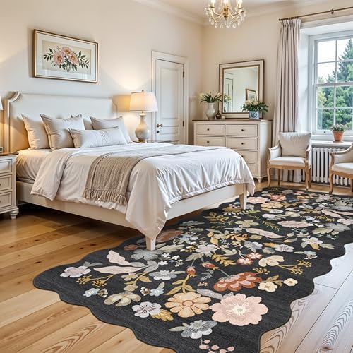 Boho Floral 4x8 Scalloped Rug: Washable Non-Slip Hallway Runner Rug Black by BYYVOORugsforYourHome