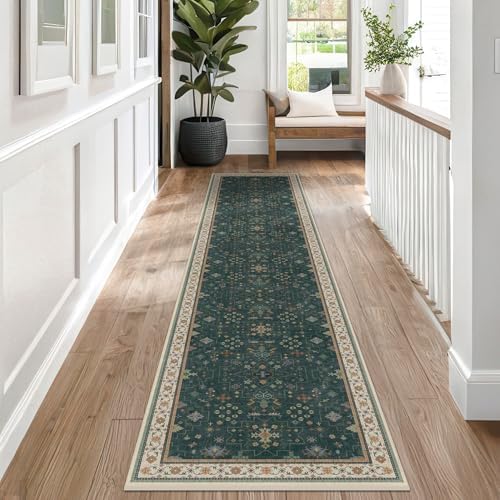 Hazo Haus Vintage Dark Green 2x10 Hallway Runner Rug - Modern Boho Eclectic Floral Pastel, Washable Low Pile Non-Slip Extra Long Runner Rugs for Kitchen, Bedroom by HazoHaus