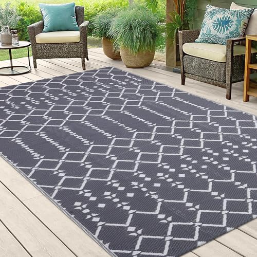 Smiry Outdoor Rug 5x8 ft Waterproof Reversible Boho Mat, Grey - Image 6