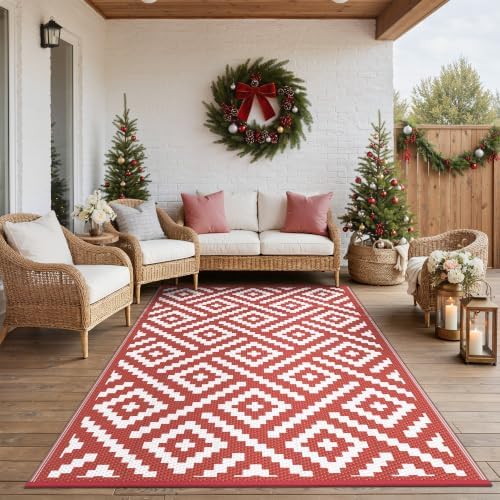 GENIMO Outdoor Rug, Waterproof Plastic Rugs for Patio, 8'x10' Red White - Image 7