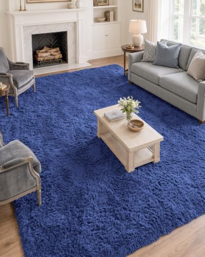 OLANLY 7x8 Machine Washable Large Area Rugs for Living Room, Bedroom, Soft Fluffy Shaggy Bedside Rug, Indoor Floor Carpet for Kids Girls and Boys, Dorms, Nursery, Home Decor Aesthetic, Navy Blue by OLANLY