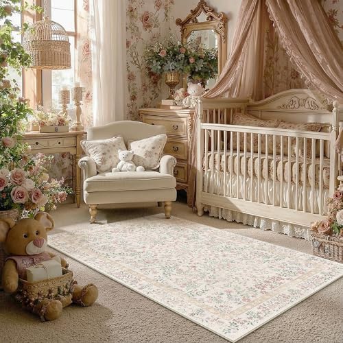 PureCozy 4x5 Pink Floral Small Area Rug Vintage Farmhouse Style by PureCozy