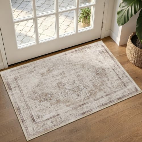 Oatmeal Medallion 2x3 Entryway Rug, Low Pile Ultra Thin Washable Kitchen Rugs Non Slip, Neutral Distressed Transitional Small Rug for Bathroom, Farmhouse Inside Door Mats for Entrance Foyer by Jainmy