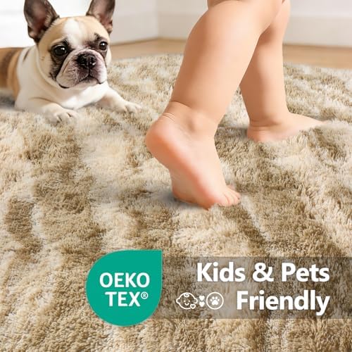 6x9 Large Fluffy Shaggy Area Rugs Non-Slip for Living Room Tie-Dyed Khaki - Image 5