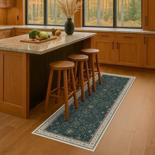 Dark Green 2x5 Kitchen Rug - Modern Vintage Boho Eclectic Floral Pastel, Washable Low Pile Non-Slip Small Runner Rugs for Entryway Door Mat Indoor Entrance, Bedroom, Hallway - Image 3