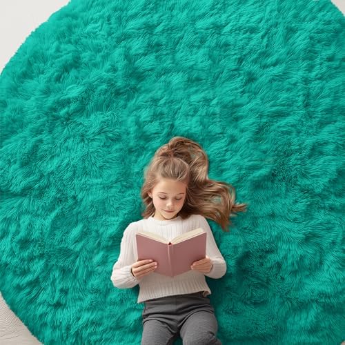 OLANLY Teal Green Round Rugs for Bedroom - Machine Washable, 7 ft Circle Area Rugs for Living Room, Soft and Fluffy Shaggy Carpet for Teen Girl and Boys, Nursery Rooms, Dorms, Home Decor Aesthetic by OLANLY