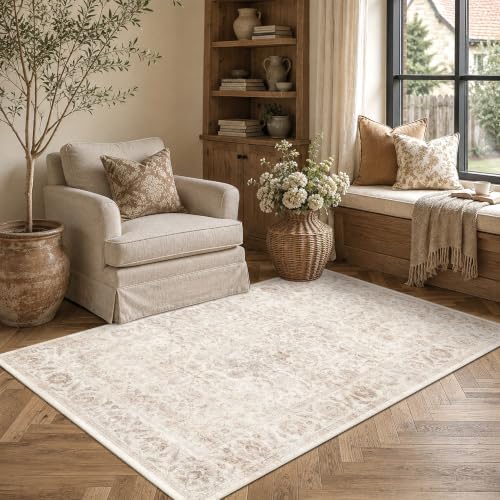 Washable 4x6 Bedroom Non-Slip Area Rug Vintage Beige Throw Carpet by HOME