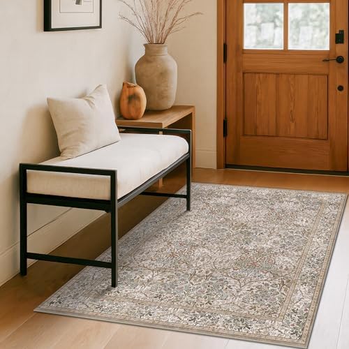 Vintage 4x6 Entryway Rug, Washable Area Rugs for Mudroom, Bedside Rugs Bedroom, Large Kitchen,Living Room, Office, Dorm, Non-Slip Low Pile Soft Stain Resistant Carpet Floral Moss Green Taupe Decor by HazoHaus