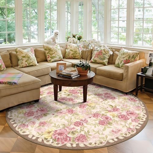 Washable 6ft Round Area Rug, Cream Boho Floral Non-Slip for Living Room by GERUIMO