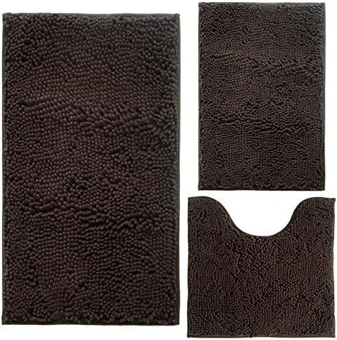 Bathroom Rugs Chenille 3-Piece Extra Soft and Absorbent Shag Bathroom Rugs, Machine Wash Mat, Strong PVC Non-Slip Underside, Plush Carpet Mats (Coffee) by BOANKODU